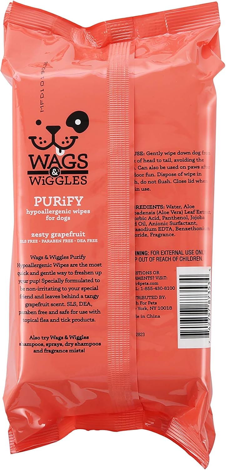 Wags & Wiggles Purify Hypoallergenic Wipes for Dogs, Zesty Grapefruit Scent - Scented Dog Wipes Gently Clean & Condition Your Dog's Coat Without A Bath, 100 Count