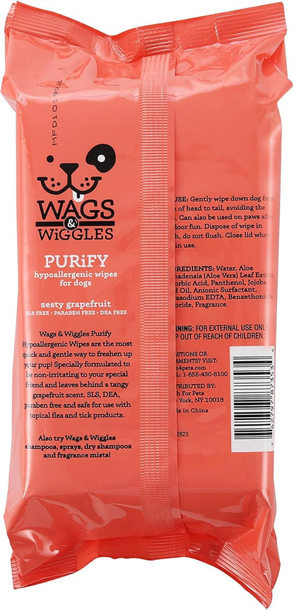 Wags & Wiggles Purify Hypoallergenic Wipes for Dogs, Zesty Grapefruit Scent - Scented Dog Wipes Gently Clean & Condition Your Dog's Coat Without A Bath, 100 Count