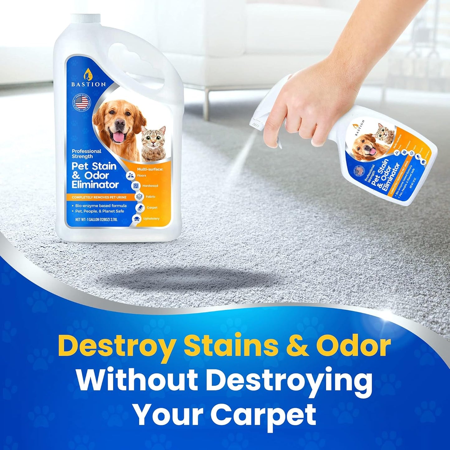 Pet Stain Remover & Odor Eliminator Spray - Professional Strength Formula - Enzyme Powered Carpet Cleaner Solution - Natural Deodorizer - Bio-enzymatic - Dog, Cat Urine Destroyer - Dye Free 32oz Spay