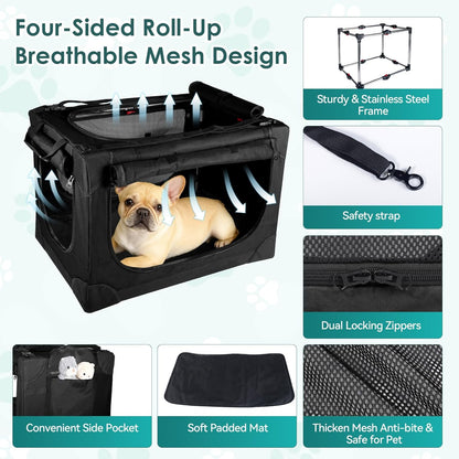 Soft Small Dog Crate - 24 inch Portable Travel Puppy Crate for Small Pets or 2 Cats, Collapsible Pet Carrier with 4 Mesh Doors, Car Kennel for Dogs with Handle for Indoor and Outdoor, Black