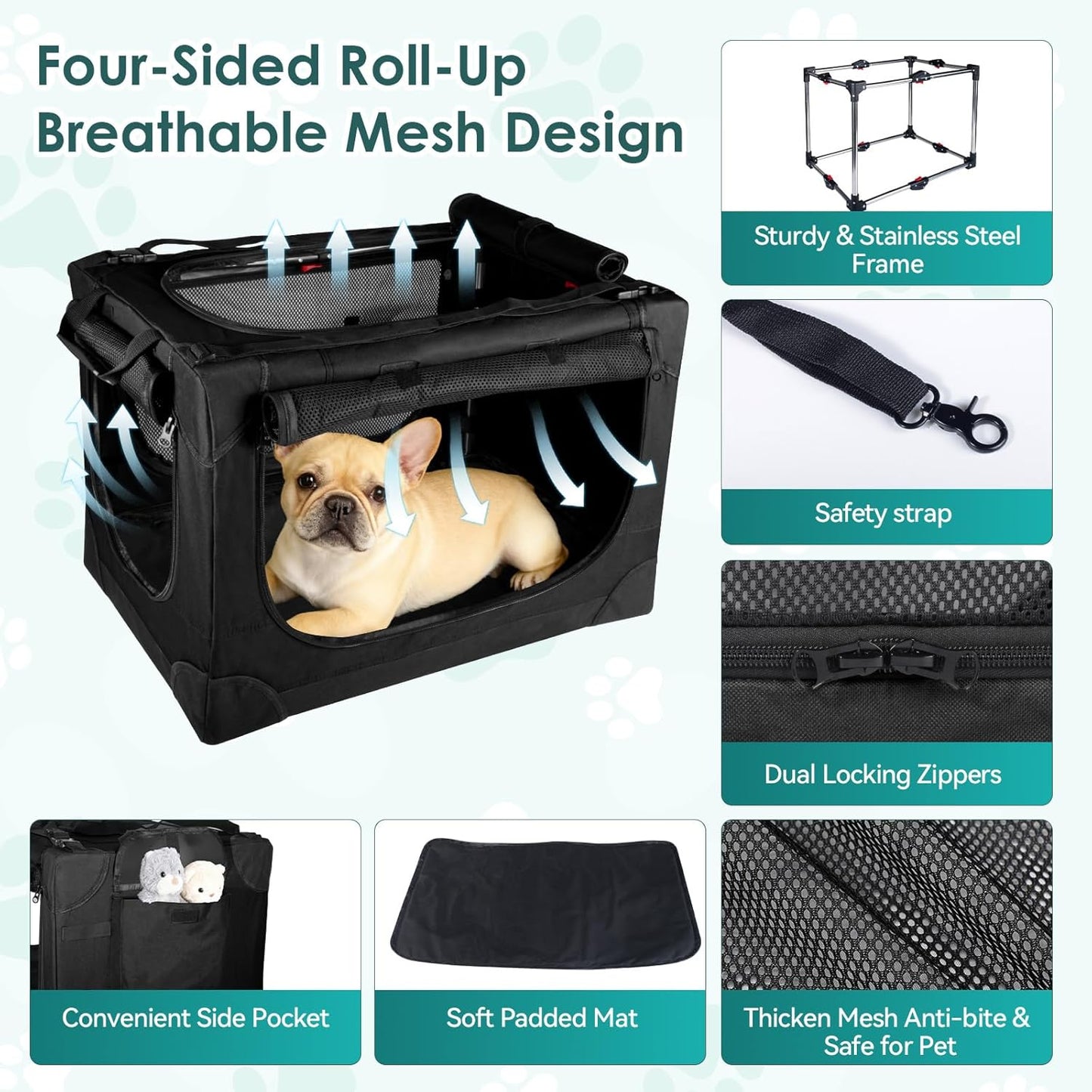 Soft Small Dog Crate - 24 inch Portable Travel Puppy Crate for Small Pets or 2 Cats, Collapsible Pet Carrier with 4 Mesh Doors, Car Kennel for Dogs with Handle for Indoor and Outdoor, Black