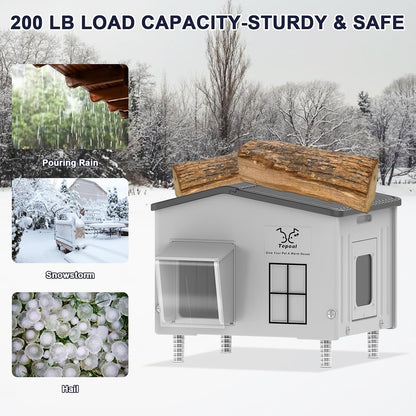 Large Plastic Heated Cat House for Outside in Winter, 100% Weatherproof & Insulated Outdoor Heated Cat House with Safe Escape Door, Elevated Feral Cats Shelter for Barn Cats 21.6"x17"x19.7"