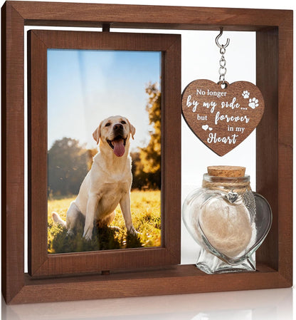Dog Memorial Gifts for Loss of Pet - Rotating Wooden Frame for 4x6 Photo & Fur Hair Jar - Sympathy Gift for Pet Bereavement, Remembrance Keepsake - Rainbow Bridge Gift for Dog Lovers