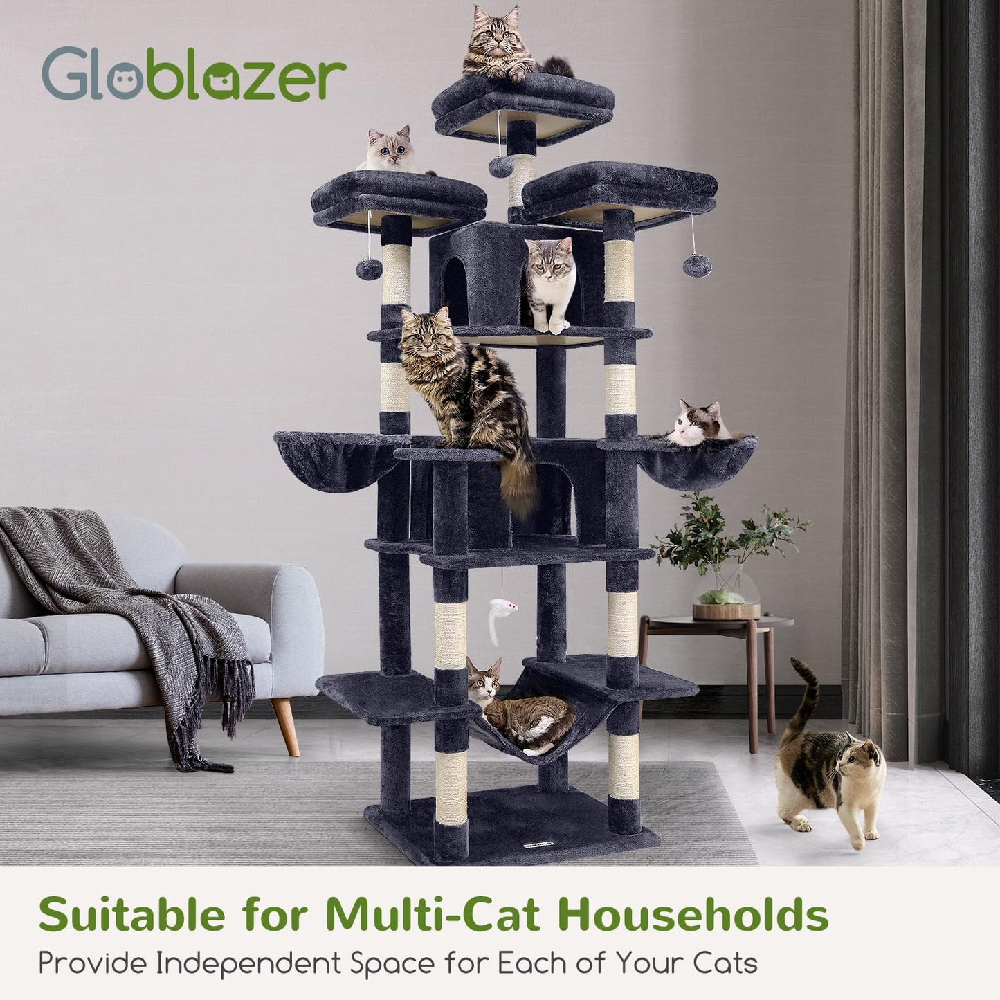 Globlazer Big Cat Tower for Indoor Cats, 80inch Cat Tower for Multiple Adult Cats XXL Cat Tree with Scratching Post, Hammock, 3 Perches, 2 Condos, 2 Hanging Basket, F80, Dark Grey
