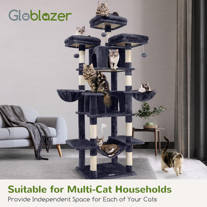 Globlazer Big Cat Tower for Indoor Cats, 80inch Cat Tower for Multiple Adult Cats XXL Cat Tree with Scratching Post, Hammock, 3 Perches, 2 Condos, 2 Hanging Basket, F80, Dark Grey