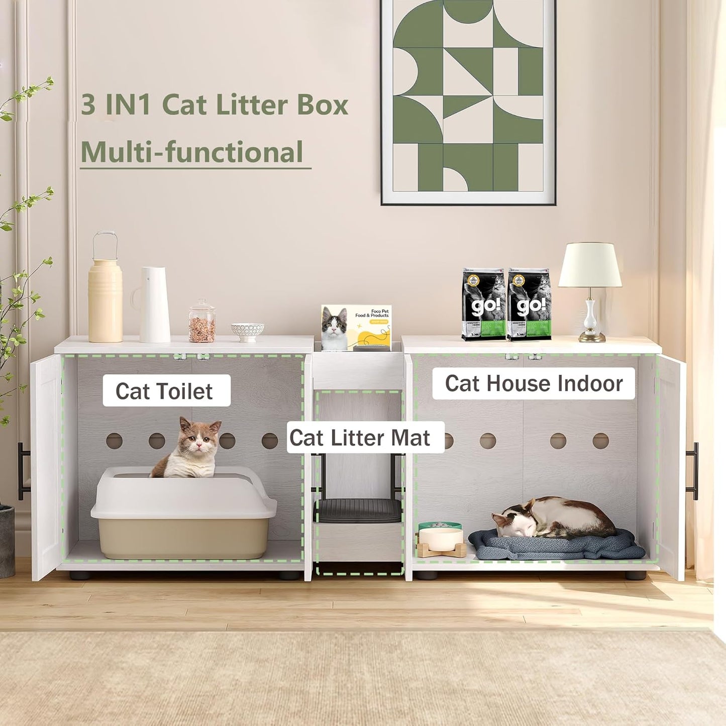 Cat Litter Box Enclosure Furniture for 2 Cats, 55" Large Hiddden Cat Litter Box Enclosure Furniture 3-IN-1 Wooden Cat Litter Cabinet with Barn Door & Double Rooms for Bedroom Living Room, White