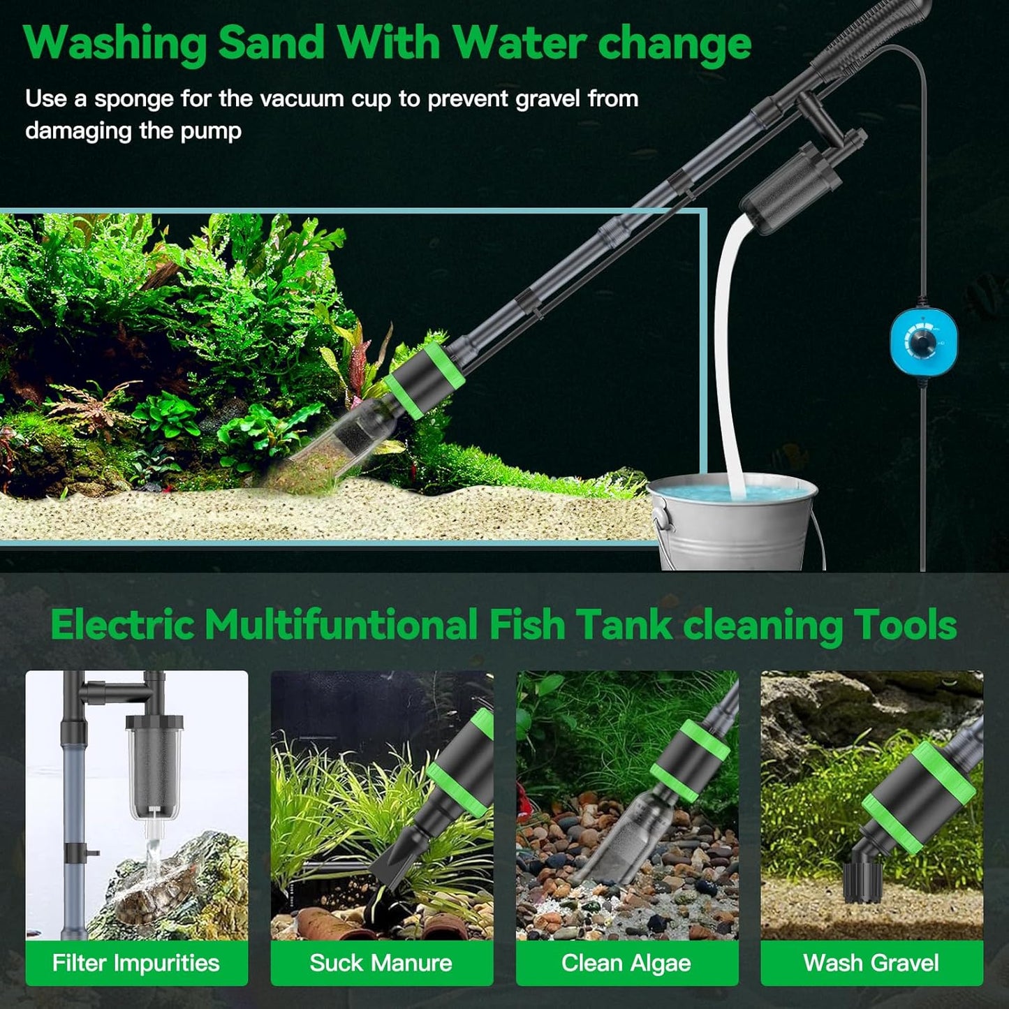 32W Electric Aquarium Vacuum Gravel Cleaner - Strong Suction, Automatic Water Change, Algae Remover, Sand Wash, Water Shower, Water Circulation & Timed Off