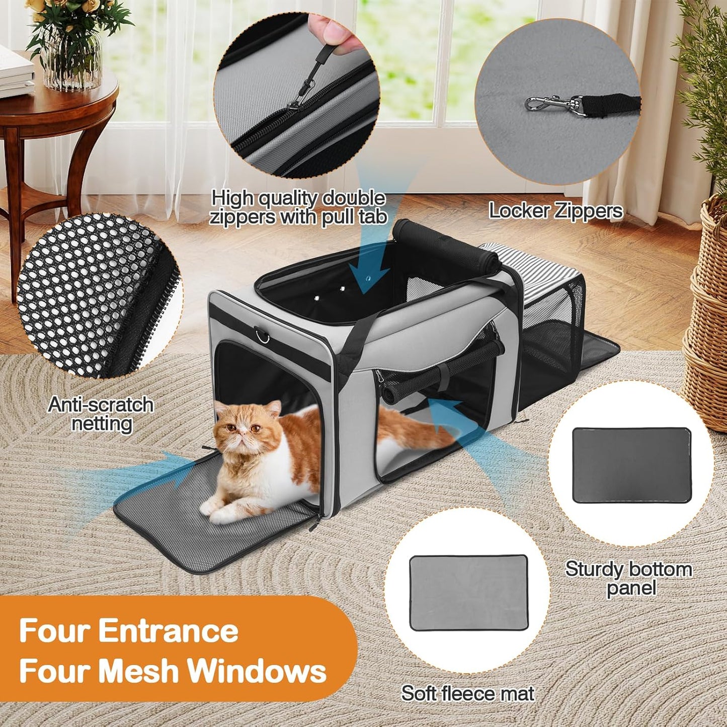 24"x17"x16" Extra Large cat Condo Enclosure with Litter Box, Collapsible Large Cat Travel Carrier for Car, Soft-Sided Expandable Large Cat Enclosures for Cats Under 30 lbs