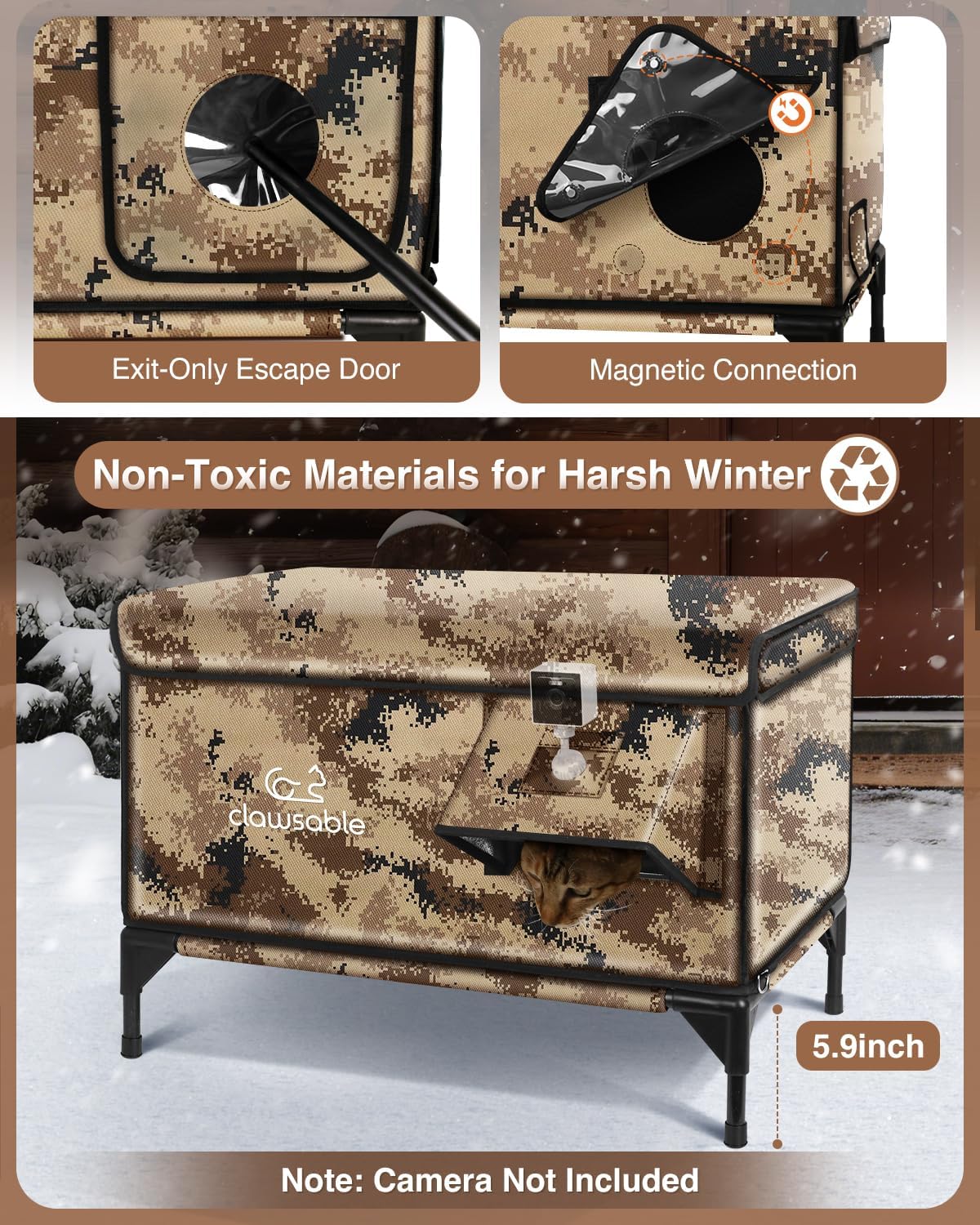 Indestructible X-Large Heated Cat House for Outside Winter, 100% Waterproof, Safe Escape Door, Insulated Outdoor Cat Shelter with Heater for Feral Barn Cat Kitty (Desert Camouflage, 30"x17"x20")