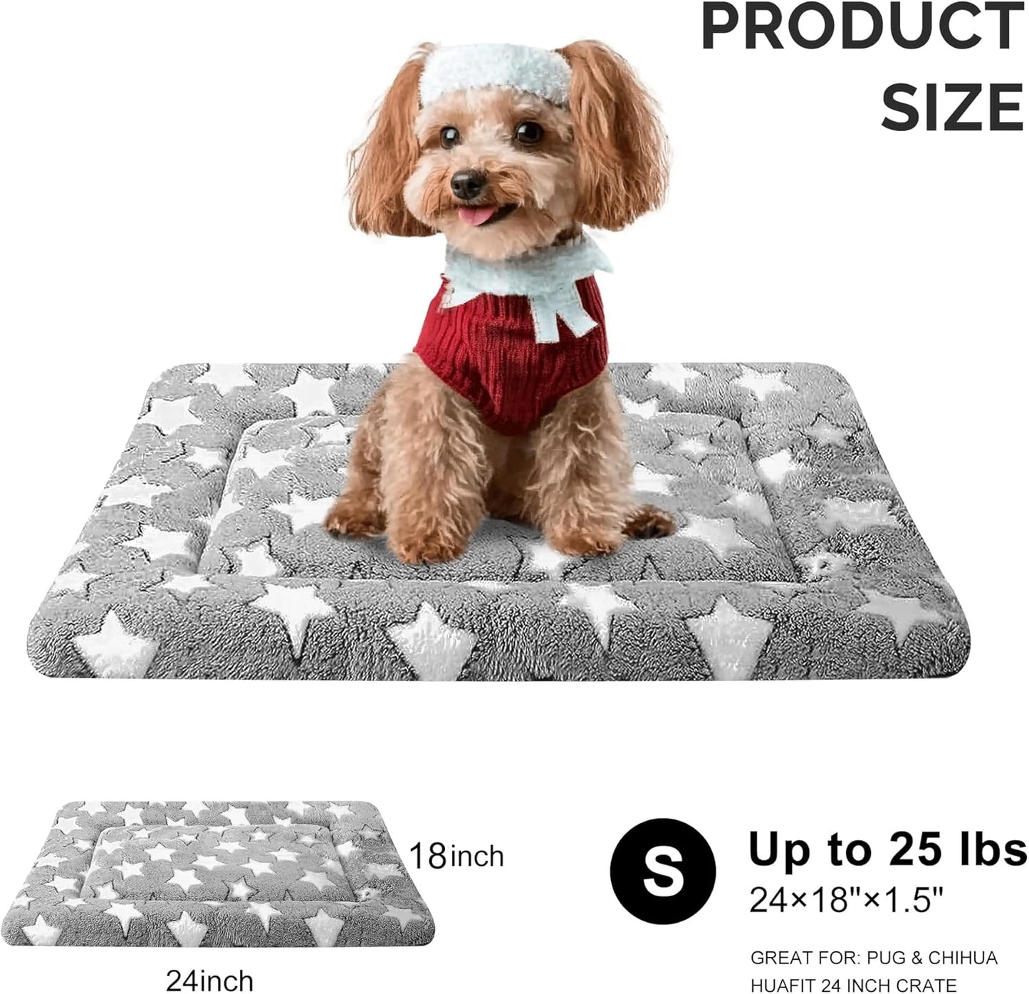 Dog Bed Mat, Reversible Crate Pad & Cute Dog Bed - Machine Washable Kennel Mat with Ultra Soft for Small Dogs (Cool/Warm), 24" x 18", Grey&Star