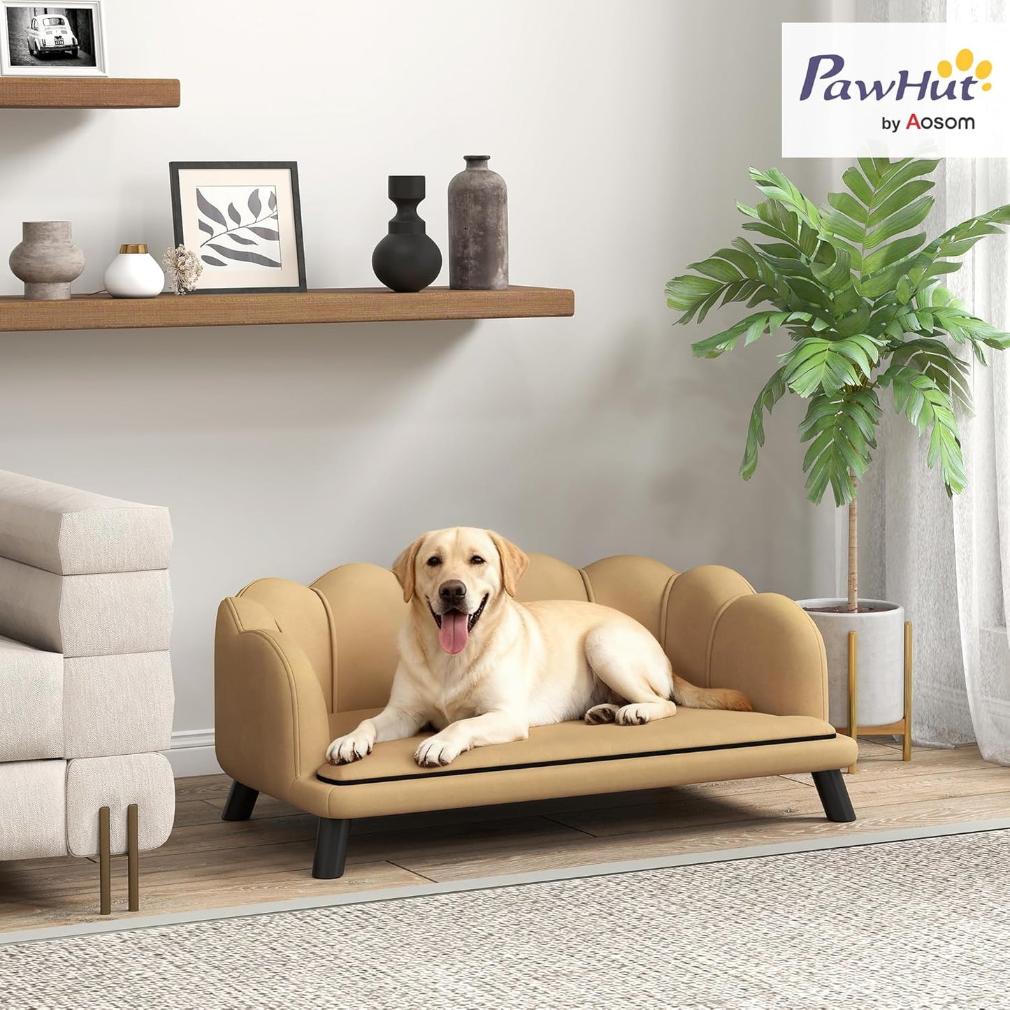 PawHut Velvet Large Dog Couch with Foam Cushion, Soft and Cute Dog Bed with Pearl Design, Pet Sofa for Big and Medium Breeds, Coffee