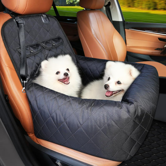 Dog Car Seat/Bed for Small & Medium Dogs up to 40 lbs – Plush Cushion, Safety Belt, Waterproof Washable Cover, Storage Pockets – Fits Front & Back Seats, Travel Booster Seat for Pets