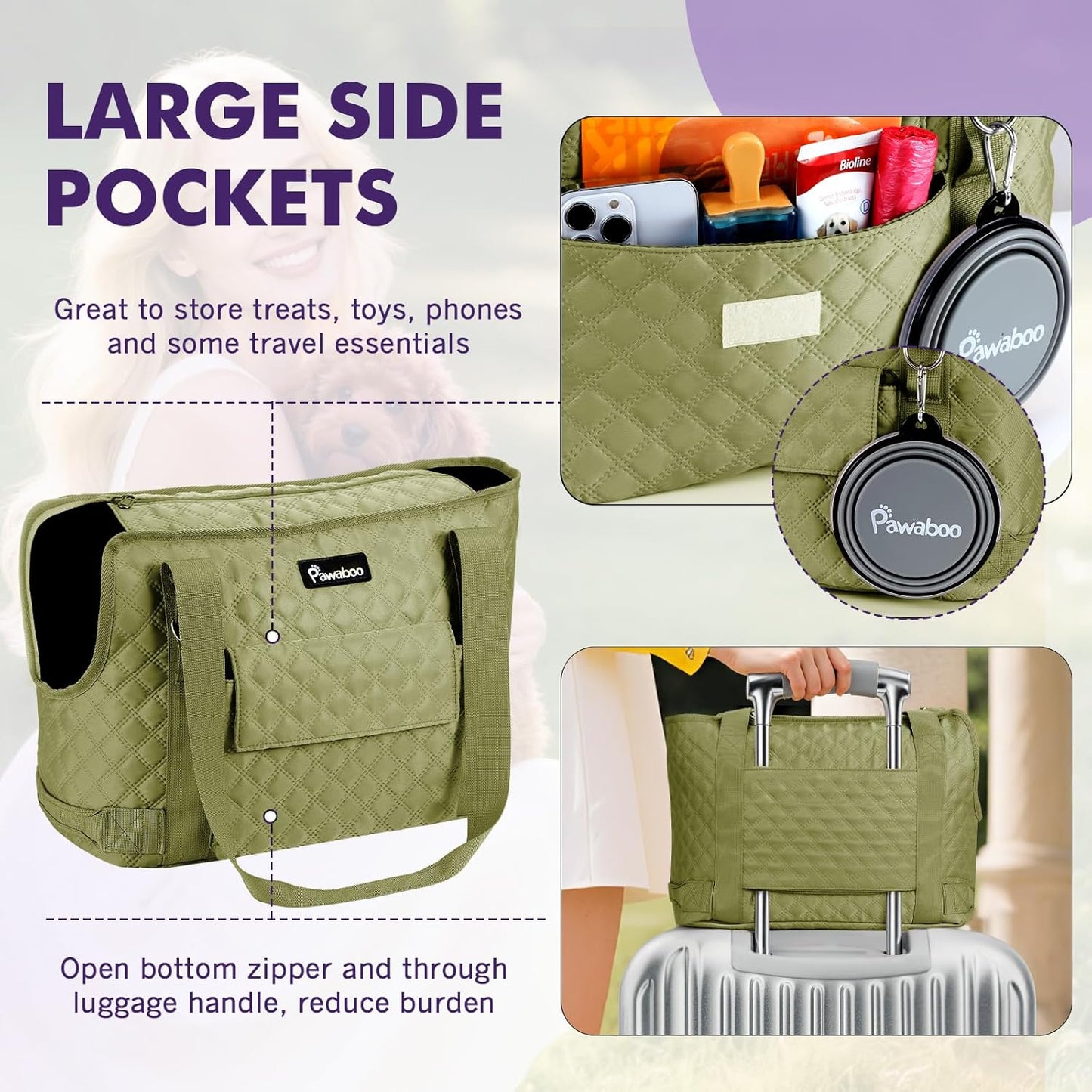 Pawaboo Dog Purse Carrier for Small Dogs with Pocket, Lightweight Dogs and Puppies Tote Bag Carrier, Dog Carriers Soft Sided for Puppy Cat Rabbit, Travel Puppy Carriers Under 11 LBS, Matcha Green