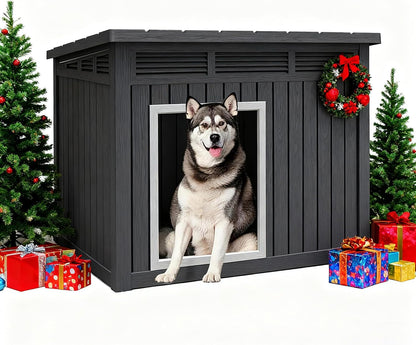 Fancyango Large Weatherproof Dog House with Removable Roof for Indoor & Outdoor Use - Spacious (42.8" L x 33" W x 31.5" H) Classic Black