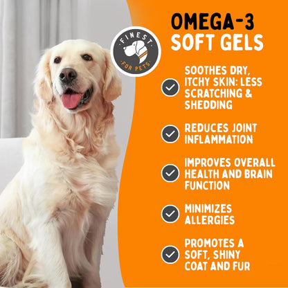 Omega 3 Fish Oil for Dogs - Finest For Pets Soft Gels for Skin & Coat, Itching, Shedding, Joints & Immune Health - 100% Pure Omega Fish Oil with EPA & DHA. Ideal for Medium to Large Dogs (180 ct)