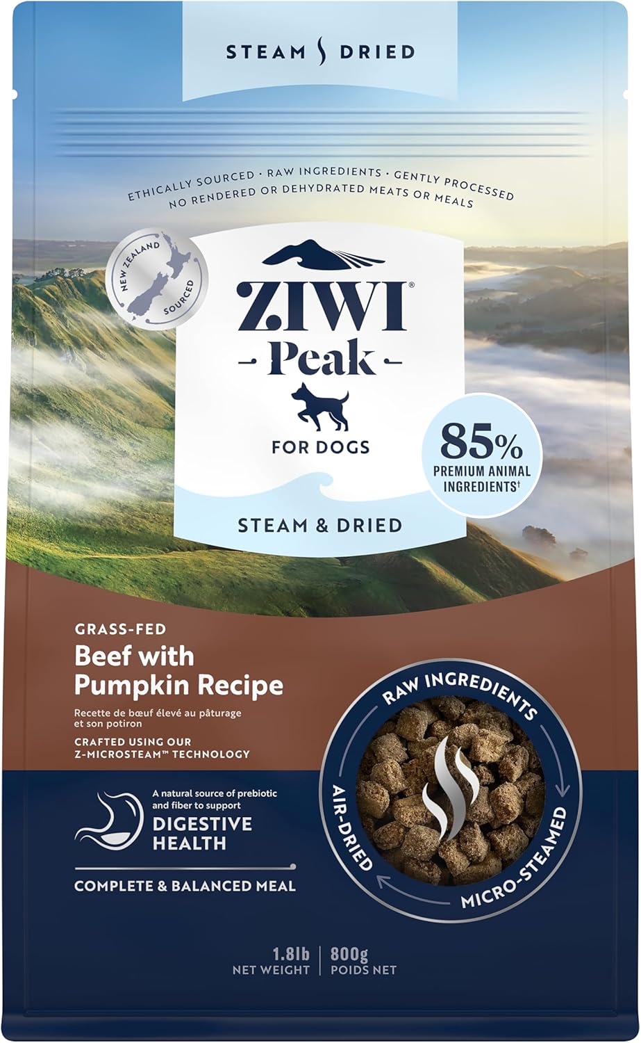 ZIWI Peak Steam & Dried Dog Food - Grass-fed Beef w/Pumpkin - High Protein, Low Carb, All Breeds & Lifestages, for Digestive Health (28.8oz)