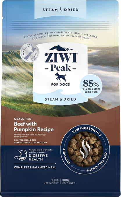 ZIWI Peak Steam & Dried Dog Food - Grass-fed Beef w/Pumpkin - High Protein, Low Carb, All Breeds & Lifestages, for Digestive Health (28.8oz)