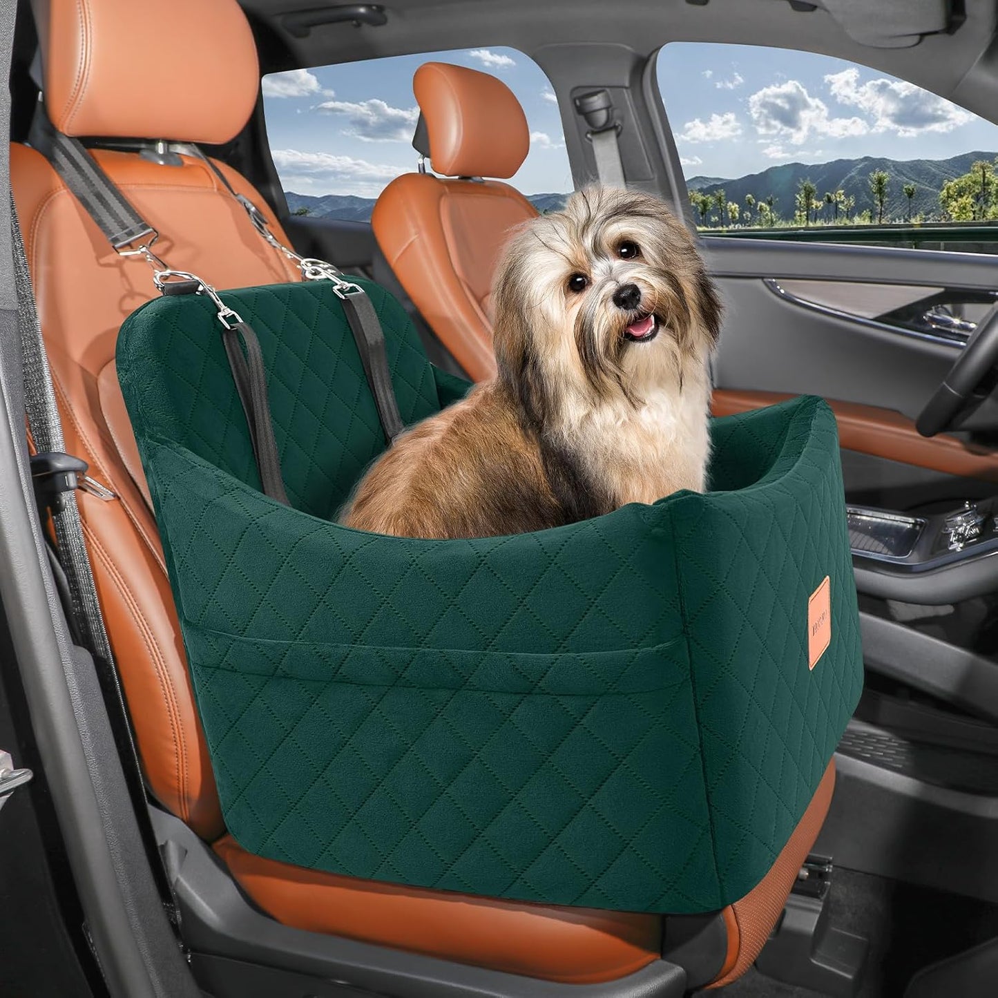 Dog Booster Car Seat for Dogs up to 35lbs, Safety Pet Car Seats with Anti-Slip Bottom, Travel Booster Dog Bed with 2 Storage Pockets (Green, Medium)