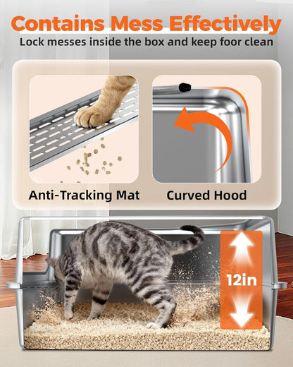 PETNF All Stainless Steel Cat Litter Box, High Sided Large Metal Litter Box - Leak-Proof, Anti-Litter Tracking, Easy Clean for Big Cats, Multi-Cat Households, 24" L x 18" W x 12" H (1 Pack)