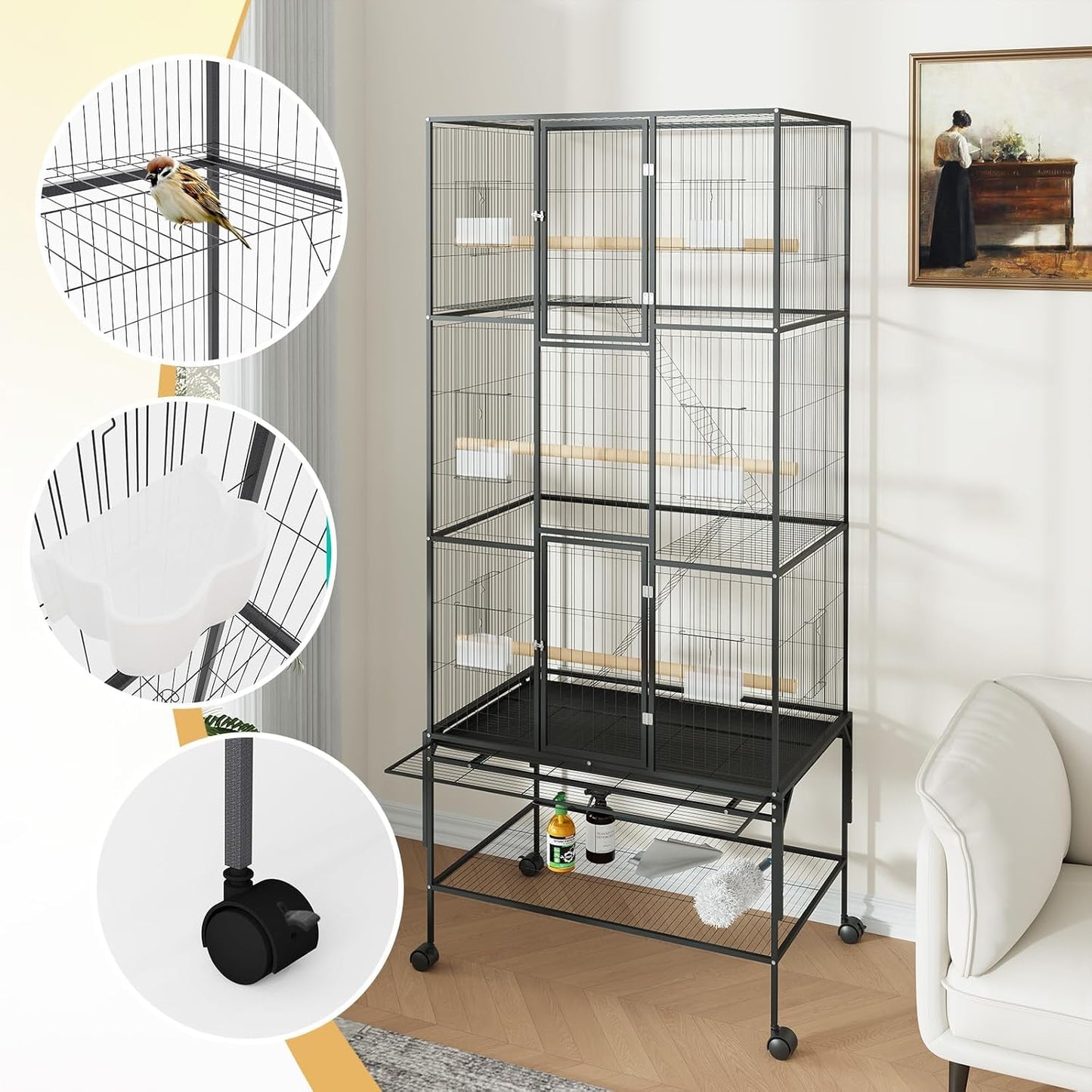69-Inch Large Bird Cages with Storage Shelf, Feed Bowls – Rolling Parrot Cage for Macaws, Cockatiels, Conures, Parakeets, Budgies & Finches