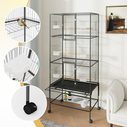 69-Inch Large Bird Cages with Storage Shelf, Feed Bowls – Rolling Parrot Cage for Macaws, Cockatiels, Conures, Parakeets, Budgies & Finches