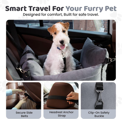 Cozy Dog Car Seat for Medium Dogs, Soft Dog Bed for Car, Safety Travel Bed & Portable Pet Carrier, Removable & Washable with Storage Pockets, Clip-On Safety Belt