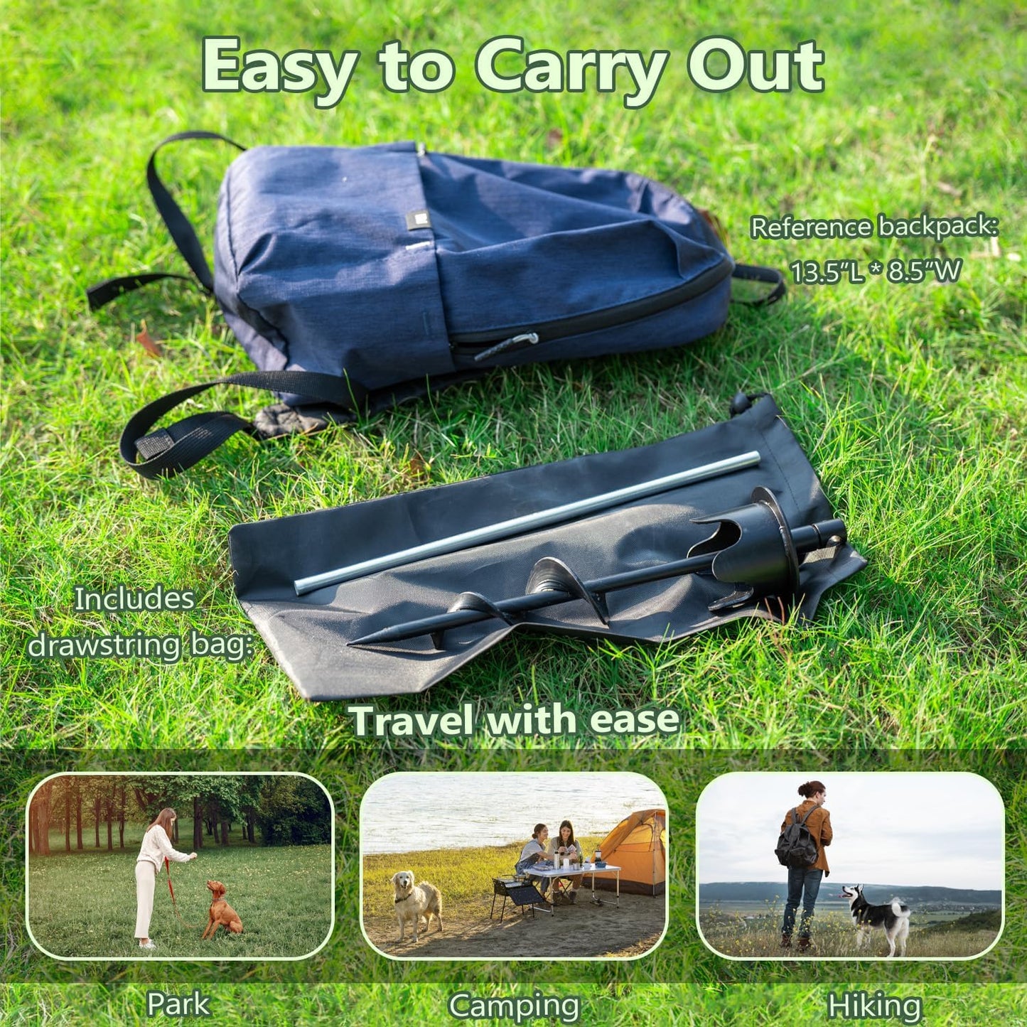 Dog Stakes for Outside Hold up to 250Lbs Dogs Heavy Duty Tie Out Tether Leash Chain for Yard Outdoor Camping Screw in Ground Anchor Set 13 inch Black, 15 FT Steel Cable