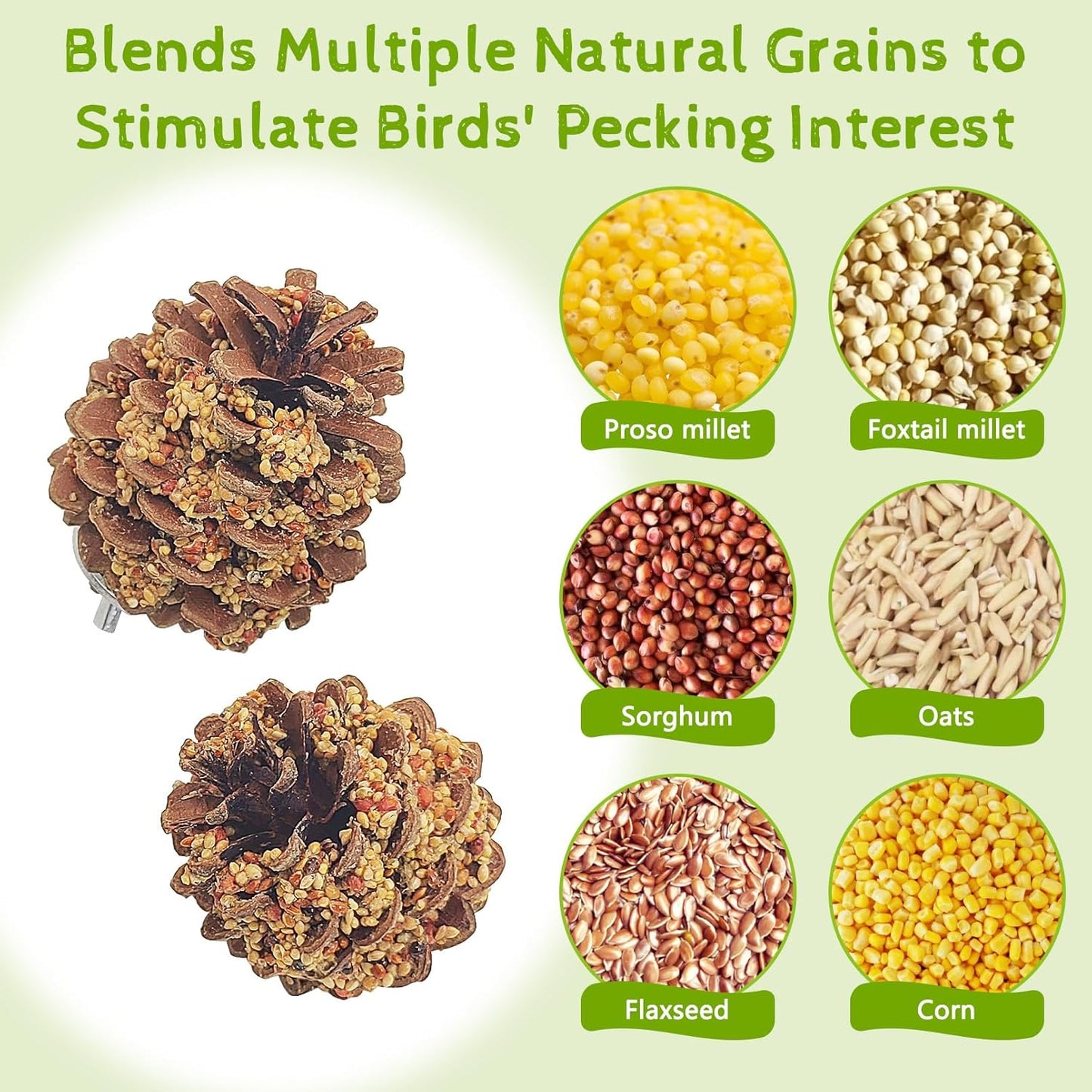 kathson Parakeet Treats, 2 Pcs Pine Cone Bird Chew Toys with Natural Grains, Parrot Snacks Bird Molar Toy Cage Enrichment Foraging Toys for Cockatiels Conures Lovebirds Budgies