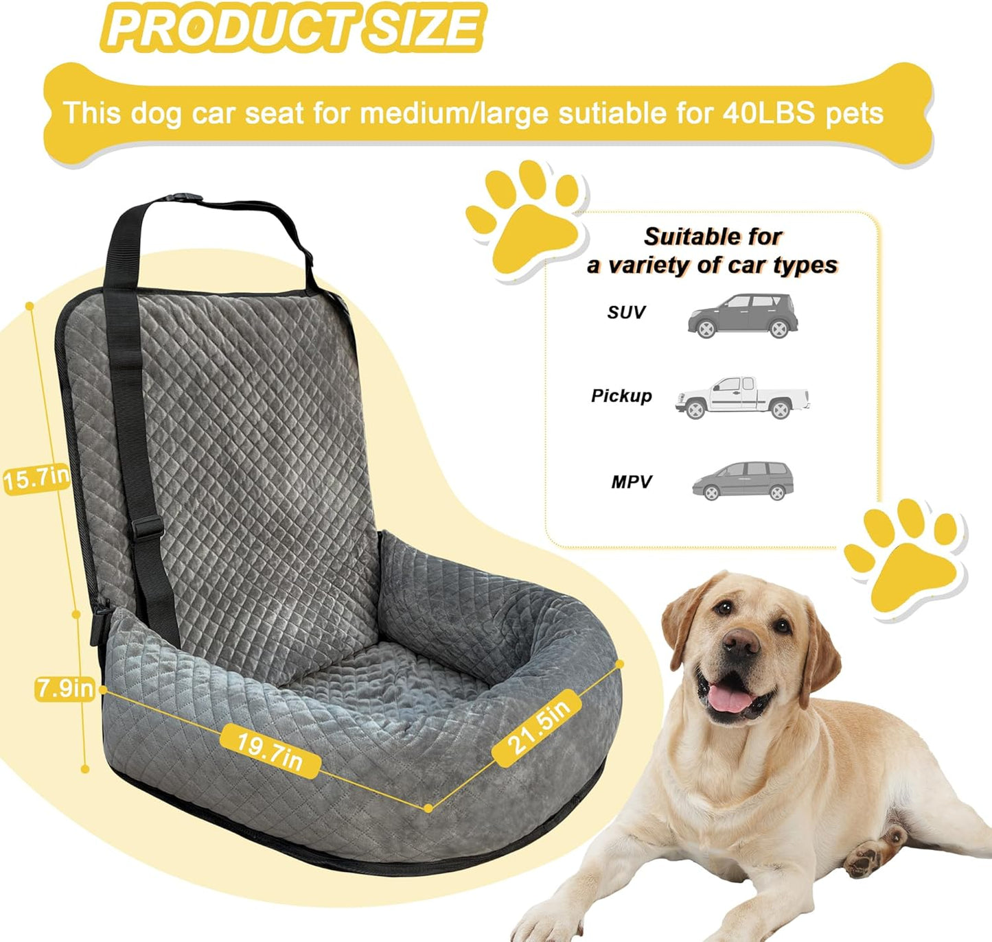 Dog Car Seat for Small Medium Dogs,Detachable Washable Travel Safety Pet Booster Seat, Comfy Ultra Soft and Multifunctional Car Travel Bed,Grey