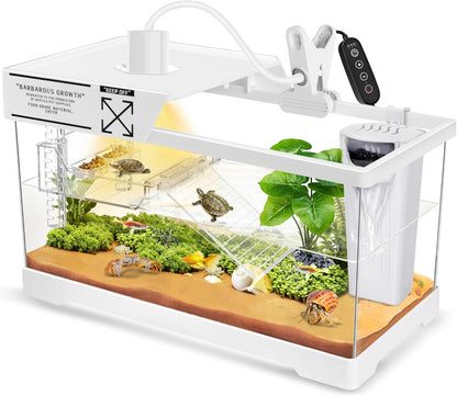 GOZILLA Aquatic Turtle Tank+Lamp+Filter Kit, Upgrade PC Turtle Tank Starter Kit with Adjustable 360°Lamp & Filter,Reptile Habitat Lid,Hanging Platform for Small Reptiles.(15.75×7.9×9''/White)