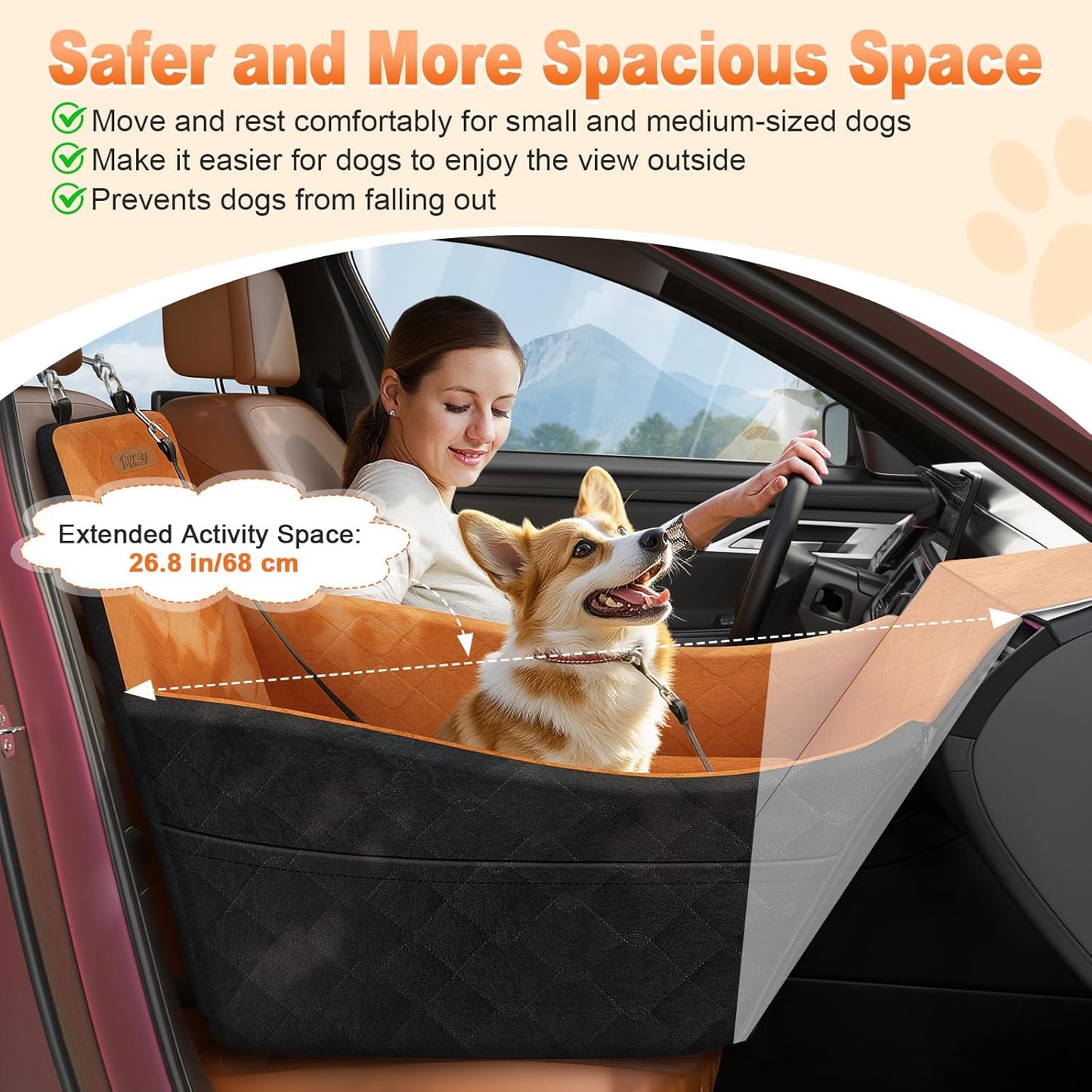 Elevated Dog Car Seat, Dog Booster Car Seats for Small & Medium Breeds Up to 35lbs, Fully Detachable and Washable, Memory Foam Pet Carseat with 2 Storage Pockets & 3 Safety Belts, Black + Brown