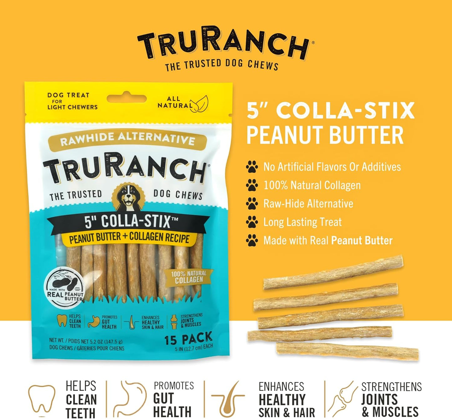 TRURANCH Collagen Sticks - 5" Collagen Sticks for Dogs - Long Lasting Healthy Joint Support Dog Treat - Rawhide Alternative - Skin & Coat Health - Made with Real Peanut Butter, 1 Bag, 15 Count