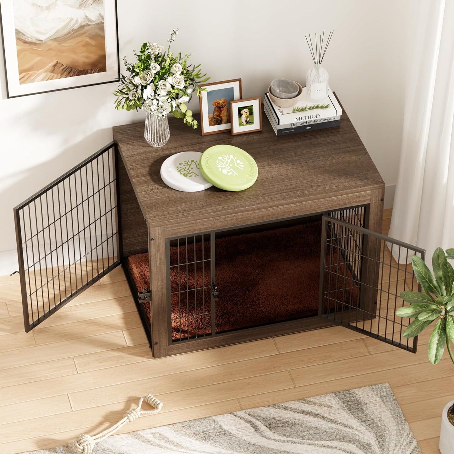 Greesum Modern Dog Crate Furniture That Doubles as a Side Table - Sturdy Wooden Kennel with Front & Side Door Access, Plush Cushion & Chew-Resistant Design for All Dog Sizes