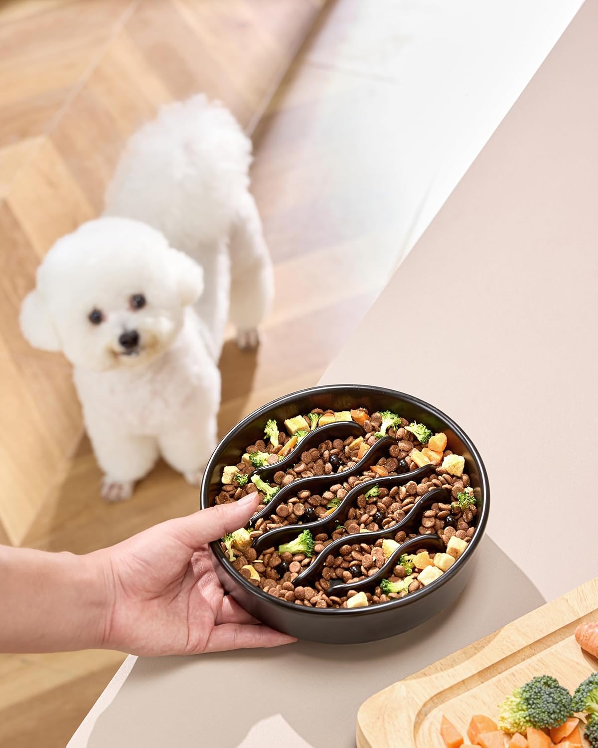 Ceramic Slow Feeder Dog Bowls for Medium and Large Dogs, 2.0 Cups Dog Slow Feeder for Fast Eater, 30oz, 8in, Black