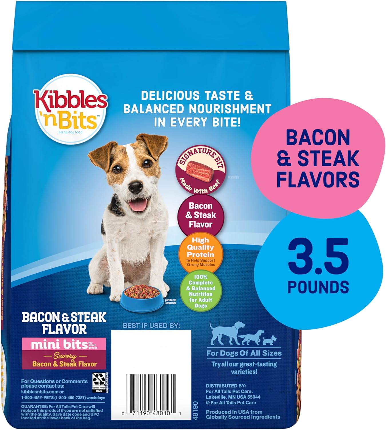 Kibbles ‘n Bits Mini Bits Small Breed Dry Dog Food, Savory Bacon & Steak Flavor for Adult Dogs, 3.5 lb. Bag