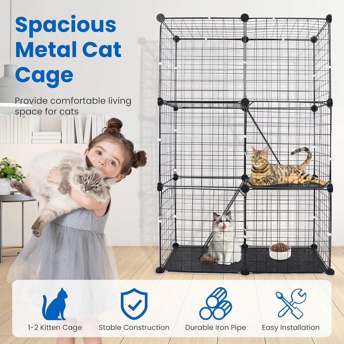 3 Tier Cat Playpen Cage, Metal Detachable DIY Indoor Cat Enclosures Kitten House Large Exercise Place Kitten Crate with 3 Doors 2 Ladders for 1-2 Cats