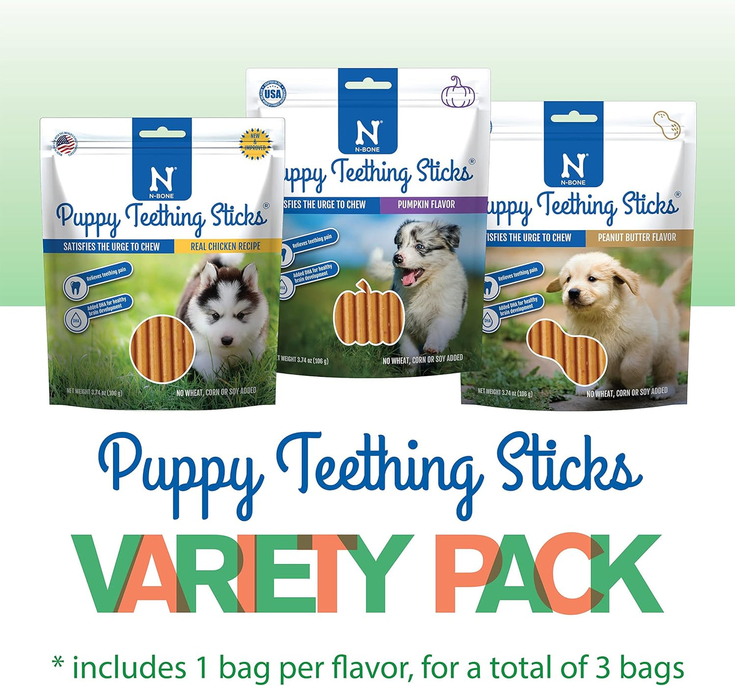 N-Bone Puppy Teething Sticks Variety Pack, Chicken & Pumpkin & Peanut Butter Flavor, Total 3 Bags, 11.22-oz