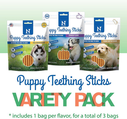 N-Bone Puppy Teething Sticks Variety Pack, Chicken & Pumpkin & Peanut Butter Flavor, Total 3 Bags, 11.22-oz