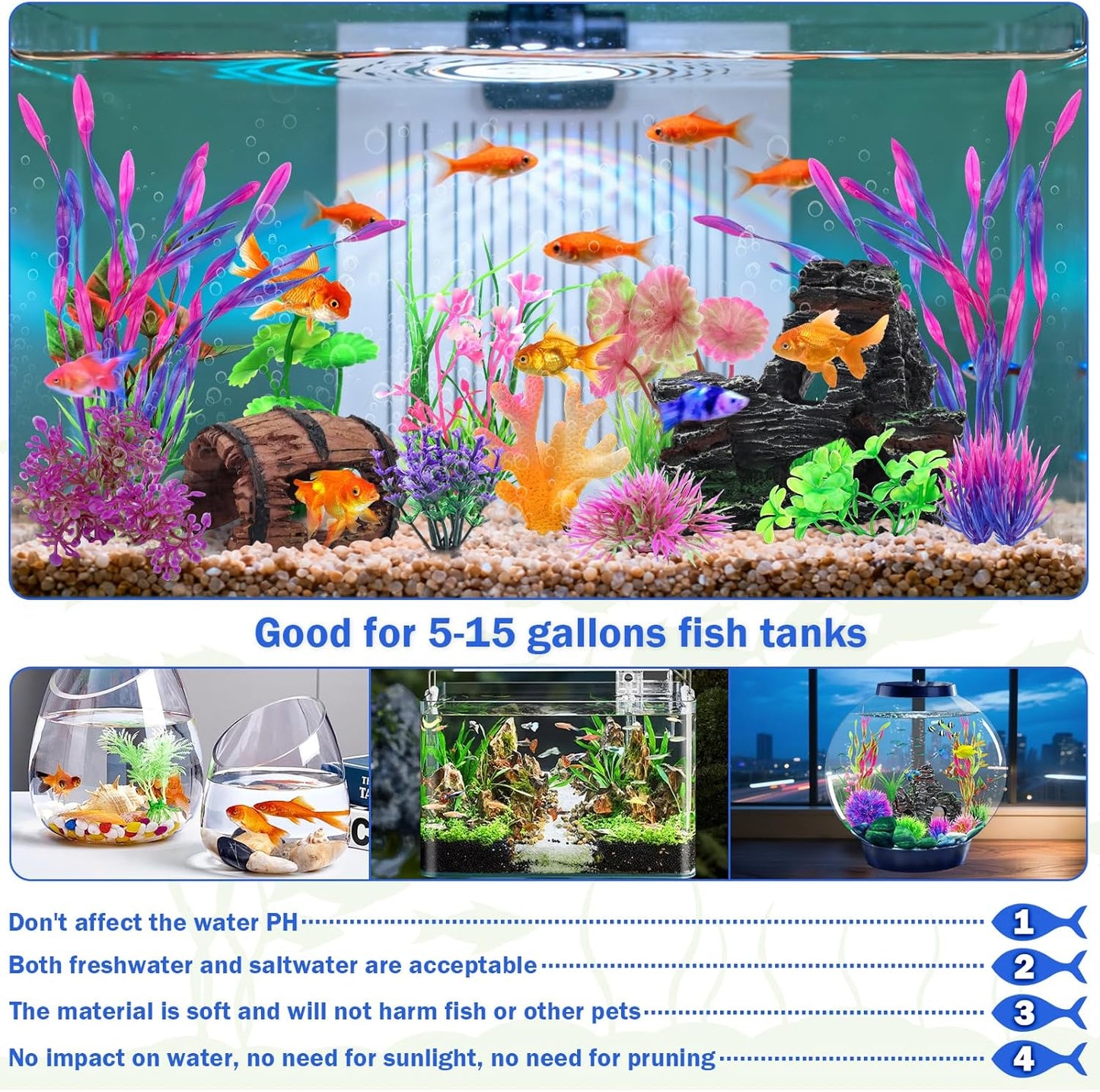 15 Pcs Aquarium Artificial Plastic Plants Decorations and Resin Barrel and Coral Rock Cave Set, Fish Tank Accessories Hideout Ornaments Aquarium Decor Set