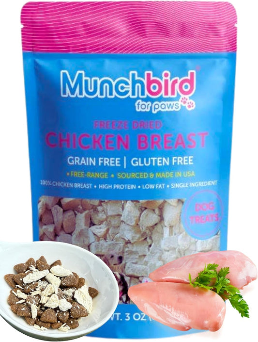 Munchbird USA Free Range Human Grade Chicken Breast Food Topper for Dogs, Freeze-Dried, High Protein Low Fat, Grain Free, Makes Chicken Soup