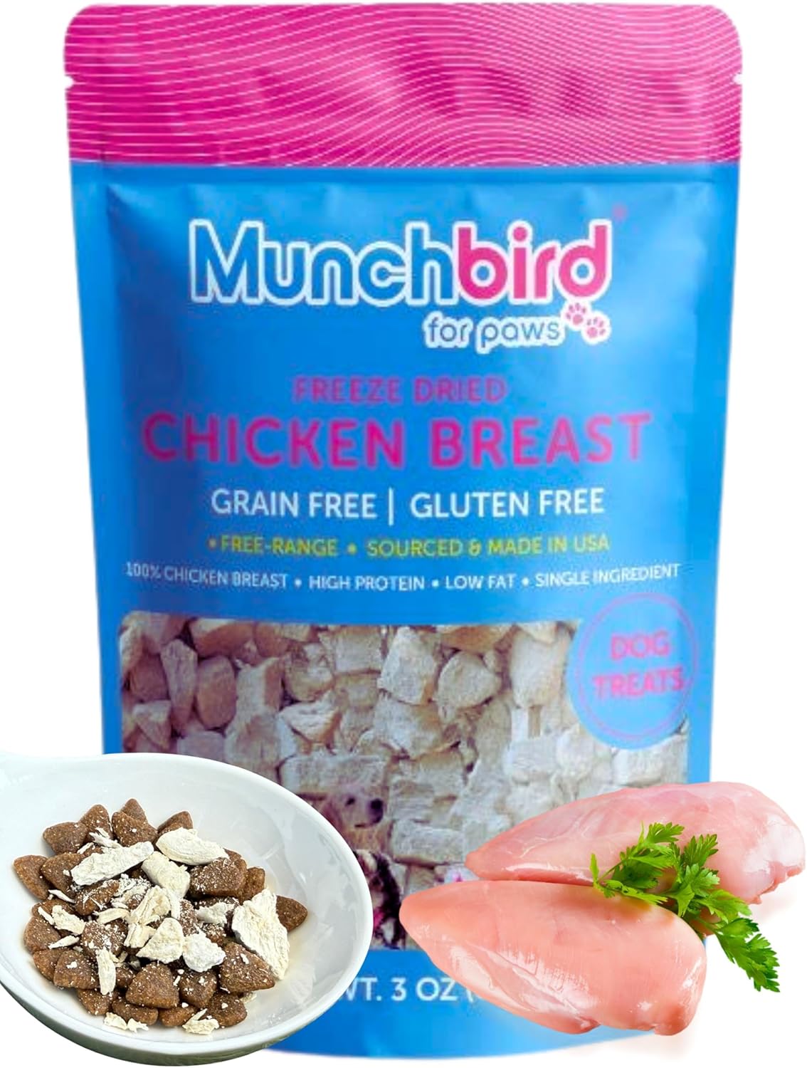 Munchbird USA Free Range Human Grade Chicken Breast Food Topper for Dogs, Freeze-Dried, High Protein Low Fat, Grain Free, Makes Chicken Soup
