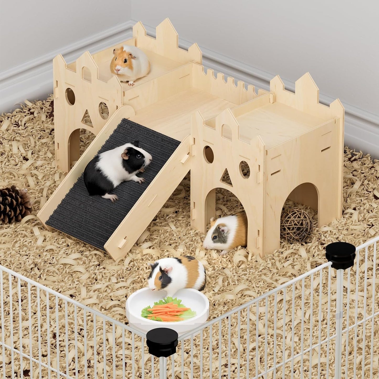 Guinea Pig Hideout House, Advanced Wooden Hamster Hideout with Climbing Ladder & Rest Zone, Bunny Castle Tower Toy for Guinea Pig Chinchilla Gerbil Hedgehog Small Animal House Habitat Hut