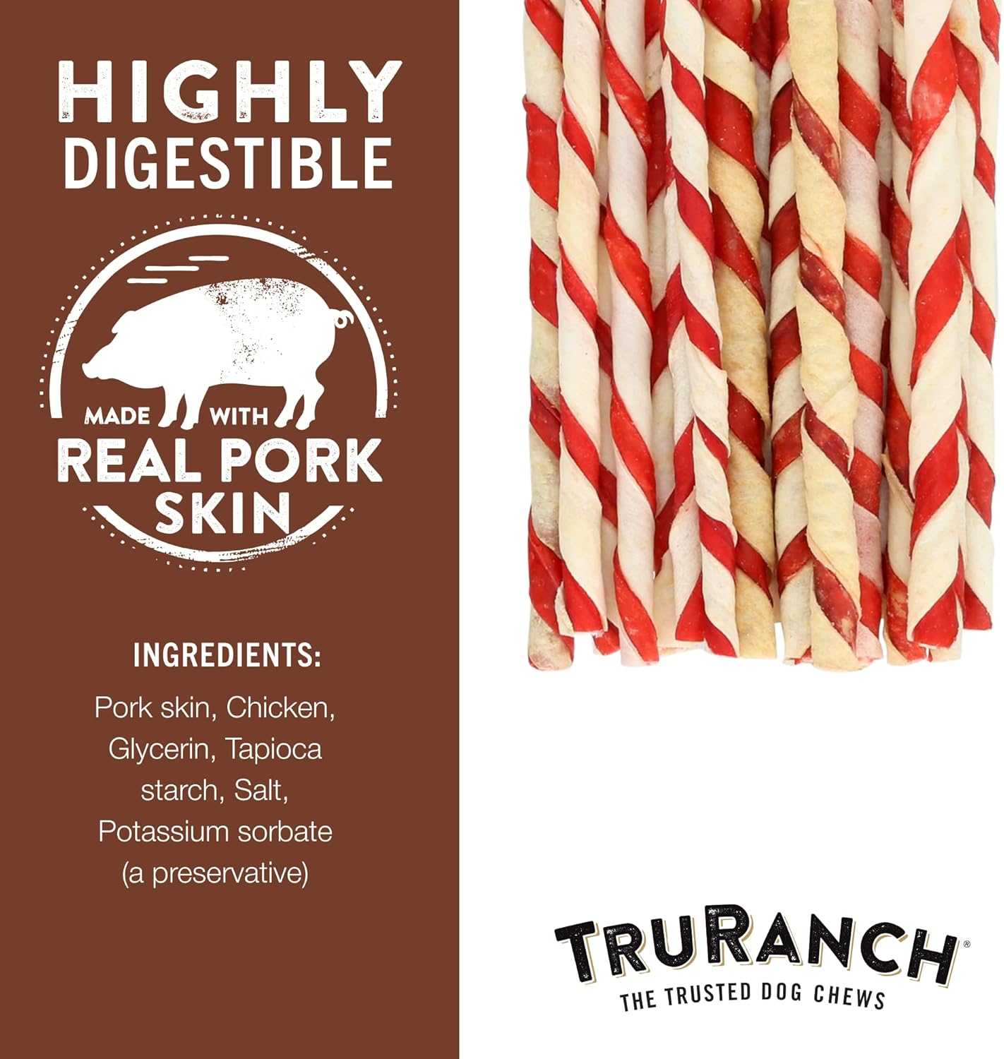 TRURANCH 5" Pork Skin Twists - Collagen Chews for Dogs - Bacon Flavor - Made with Real Pork Skin - Rawhide Alternative - Limited Ingredient - Easy to Digest Treat, 1 Bag, 9 Count