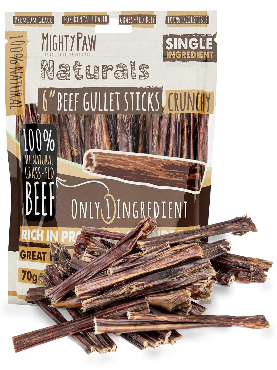Mighty Paw - Beef Gullet Sticks for Dogs (6 Inch - 30 Pack) | Premium Beef Esophagus Treats. Gullet Sticks, Ideal for Large and Small Breeds Teething and Light Chewing. Rawhide Free, Bulk Dog Chews