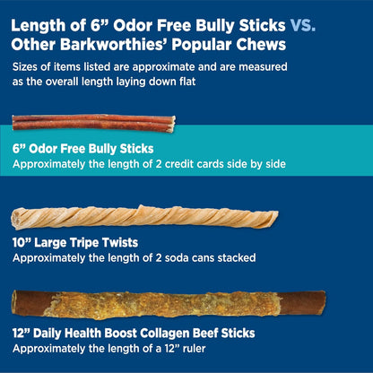 Barkworthies Odor-Free 6 Inch Bully Sticks - 5 Count (Pack of 1) - Protein-Packed, Easily Digestible, All-Natural Rawhide Alternative, Promotes Dental Health