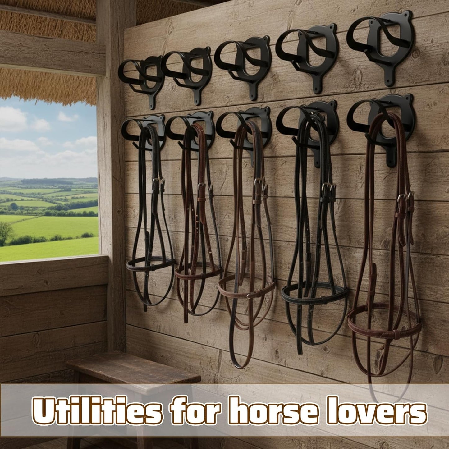 6 Counts Horse Bridle Rack, Metal Bridle Holder with Tubes and Screw, Heavy-Duty Horse Tack Storage Halter Hanger for Tack Room/Horse Blanket Rack/Bridle Holder Wall Mount, Black