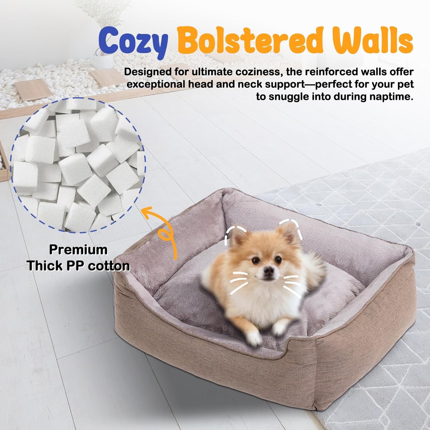 Makigued Rectangle Dog Bed for Small Dogs Washable Pet Bed with Bolster Sides Non-Slip Bottom Pet Sofa Waterproof Lining Durable Pet Cuddler, Light Brown, 21x 16x 6.3 in