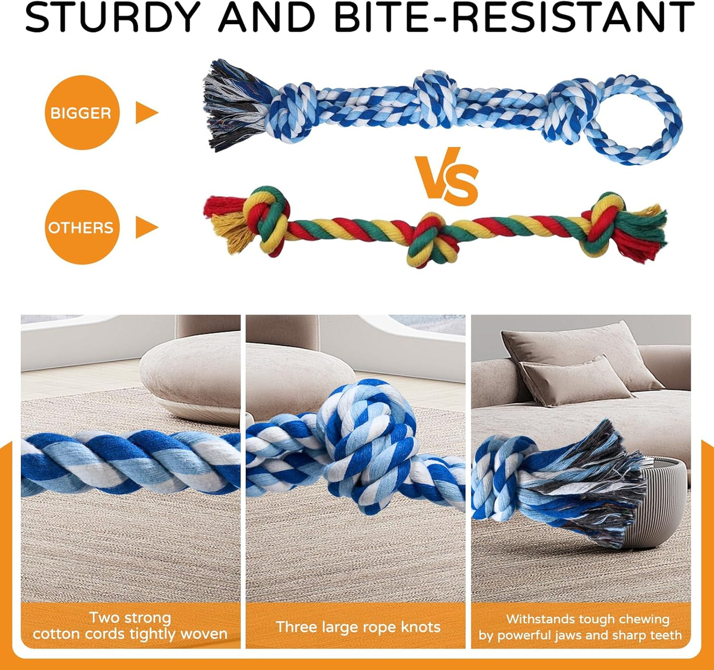 2 Pack Dog Rope Toys for Medium Large Breed, Nearly Indestructible Dog Chew Toys for Aggressive Chewers, Teeth Cleaning Chew Toys, Dog Tug Toy for Boredom, Dog Rope Toy for Aggressive Chewers