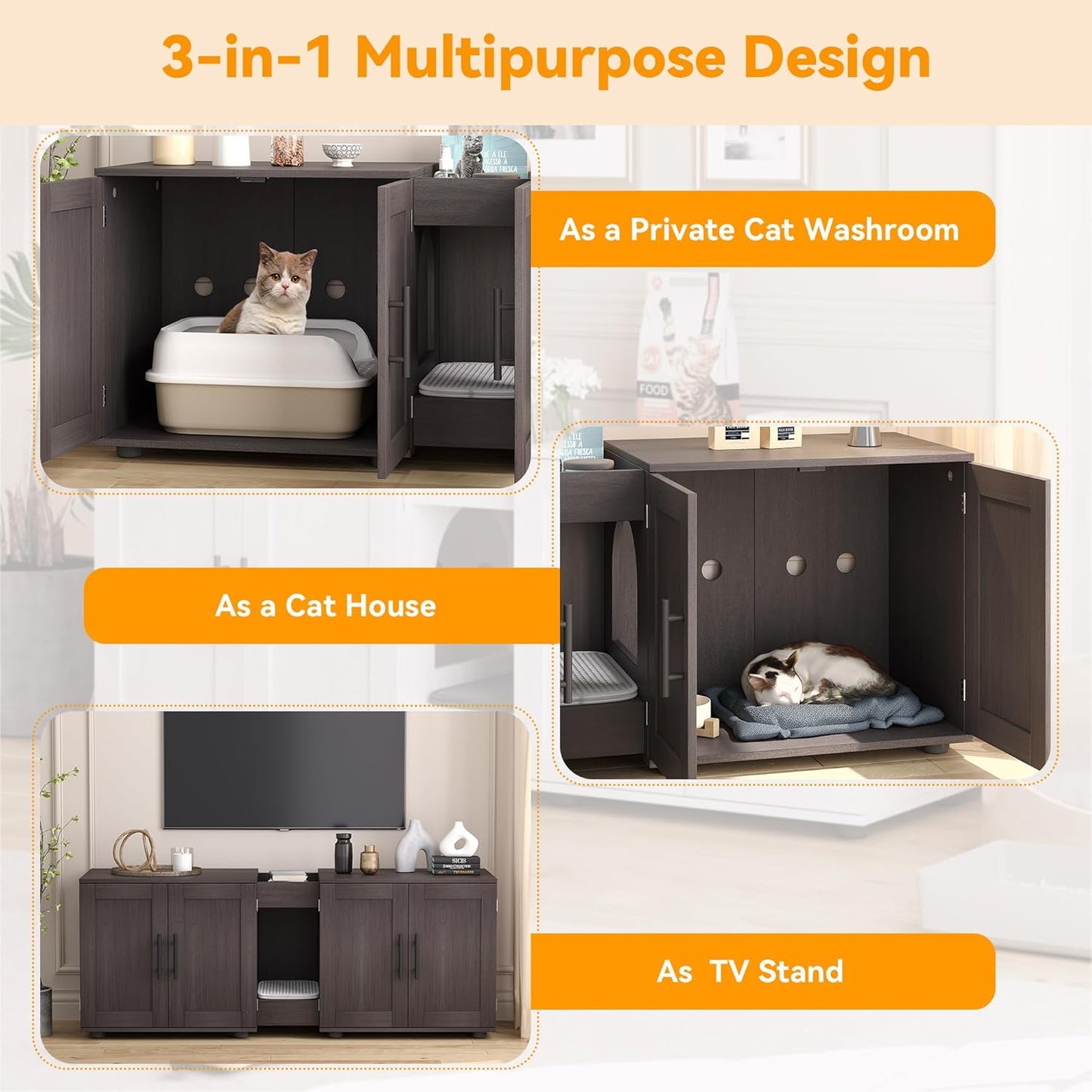 Garvee Cat Litter Box Enclosure for 2 Cats, 55" Hiddden Litter Box Enclosure Furniture 3-in-1 Wooden Litter Cabinet with Barn Door & Double Rooms for Bedroom Living Room,Walnut