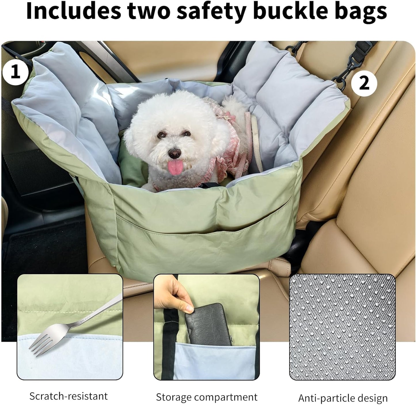 Dog Car Seat for Small Dogs: Doggy Seats Bed for Car Waterproof with Safety Leash - Pet Carseat Doggie Carriers with Storage Pockets, Hair Proof, Light Green